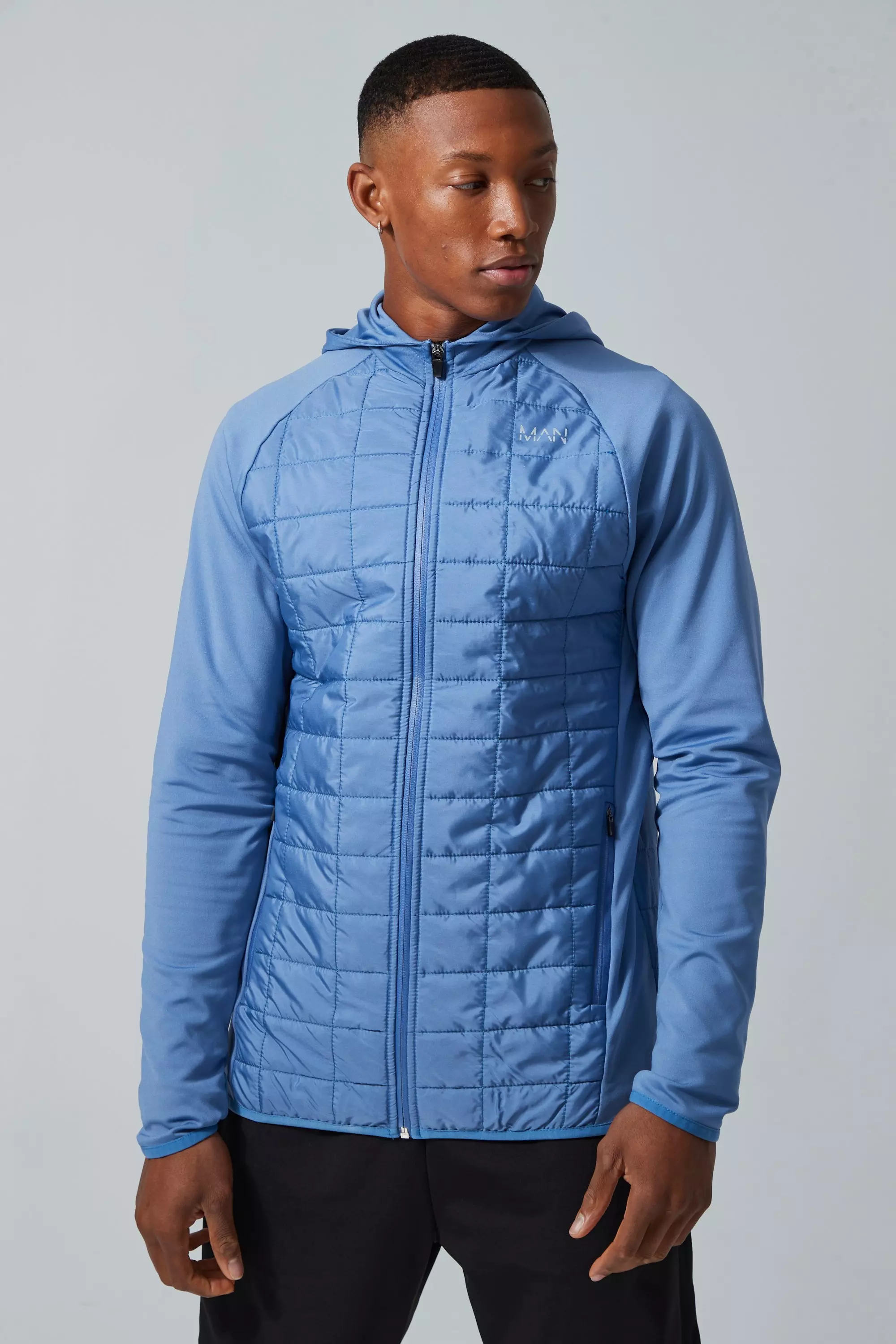 Man Active Grid Quilted Hybrid Hoodie boohooMAN